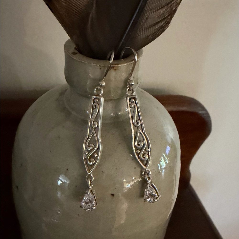 Silpada Vintage Sterling Long Filigree Scroll w/CZ Drop Earrings